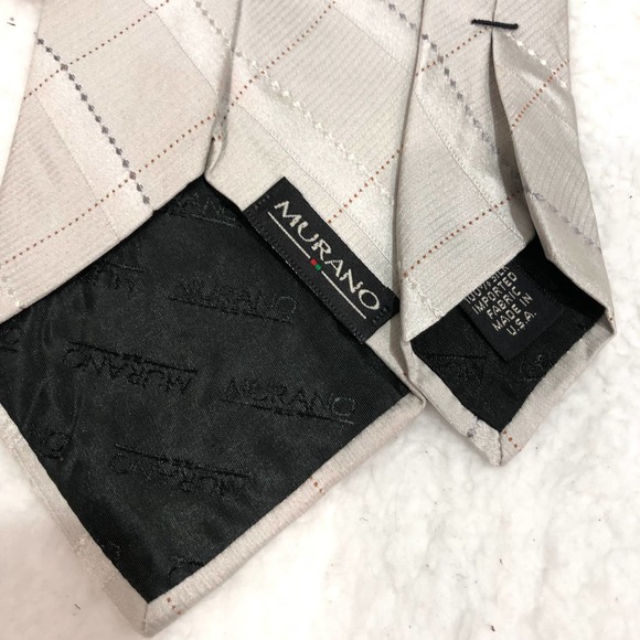 Murano Mens Classic OS Cream Gray Windowpane 100% Woven Silk Designer Neck Tie - Picture 2 of 3